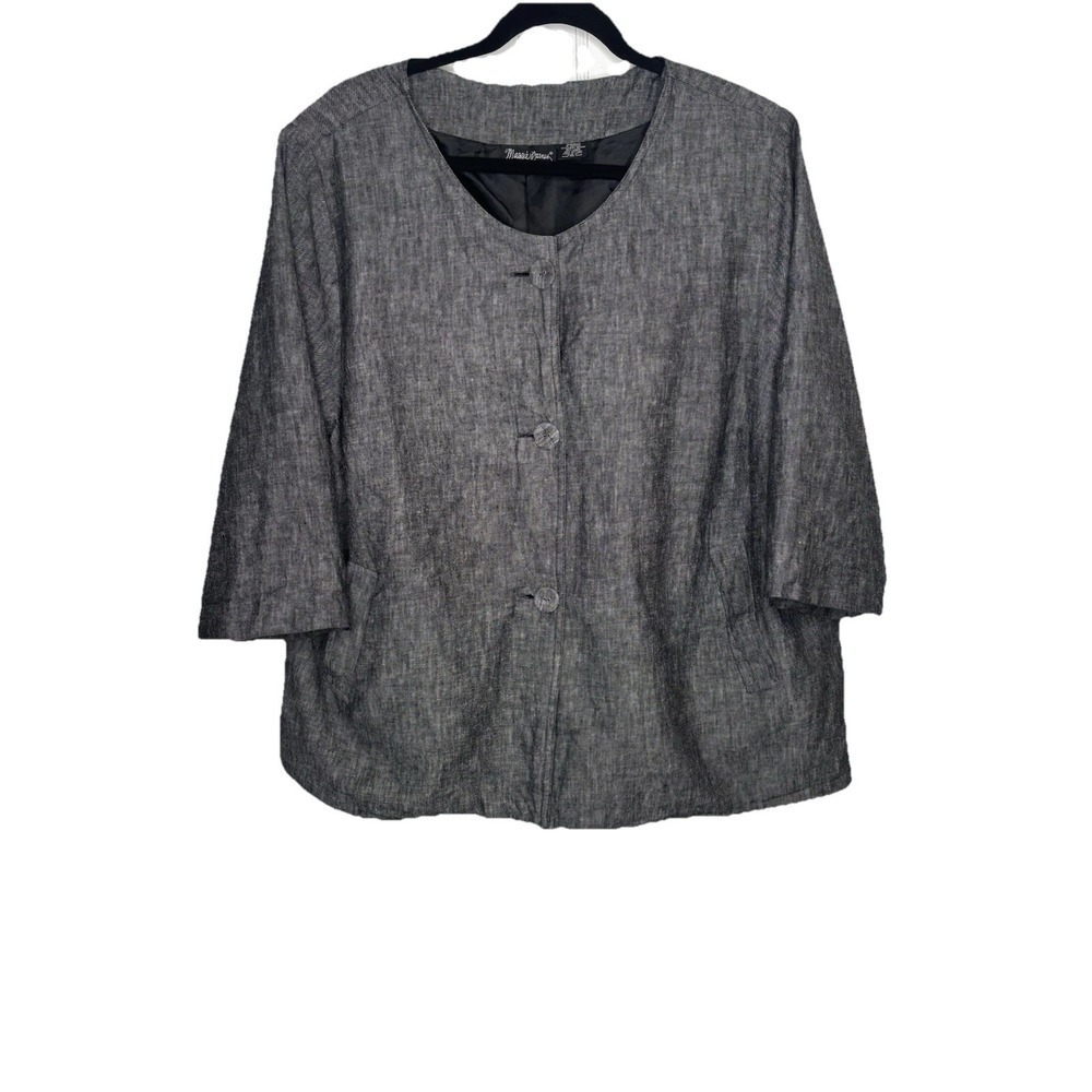 Maggie Barnes Linen Blend Jacket 1X/18-20 Gray Top Cover Button Front Lagenlook
